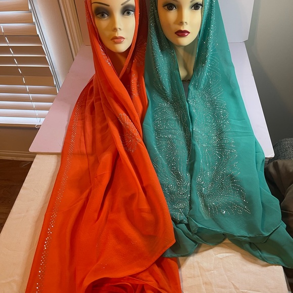 Orange and light green Romantic chiffon scarf with Rhinestone Shawl - Picture 7 of 16